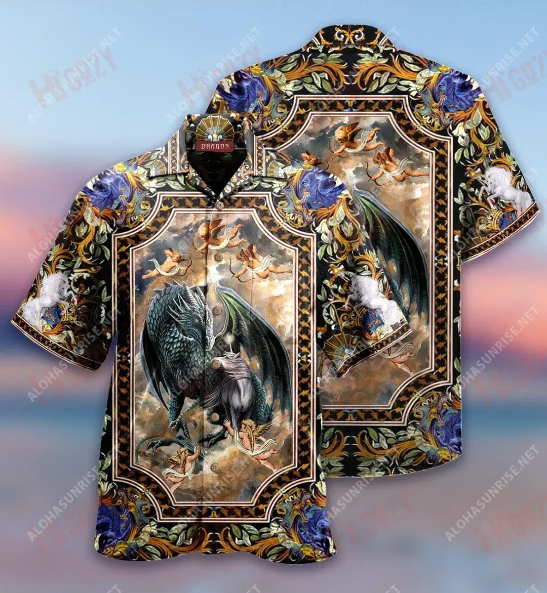 Dragon And Unicorn Short Short Sleeve Shirt Summer Short Sleeve Tactical Hawaiian Shirt Hawaiian Shirts For Women_Hawaiian Shirt Gift, Christmas Gift
