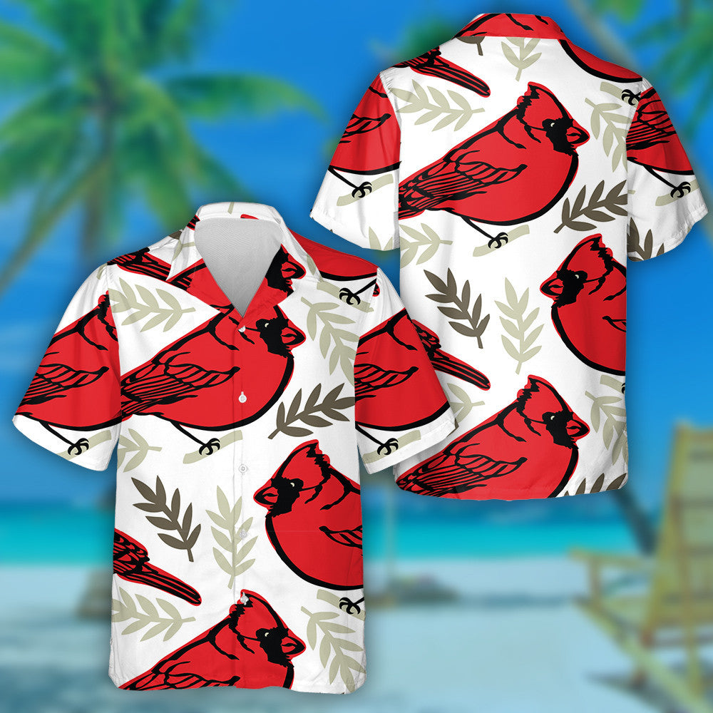 Red Cardinal Bird And Leaf Cartoon Style Hawaiian Shirt, Hawaiian Shirt Gift, Christmas Gift