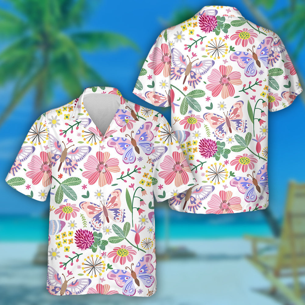 Spring Meadow Theme Flowers And Butterfly Hawaiian Shirt,Hawaiian Shirt Gift, Christmas Gift