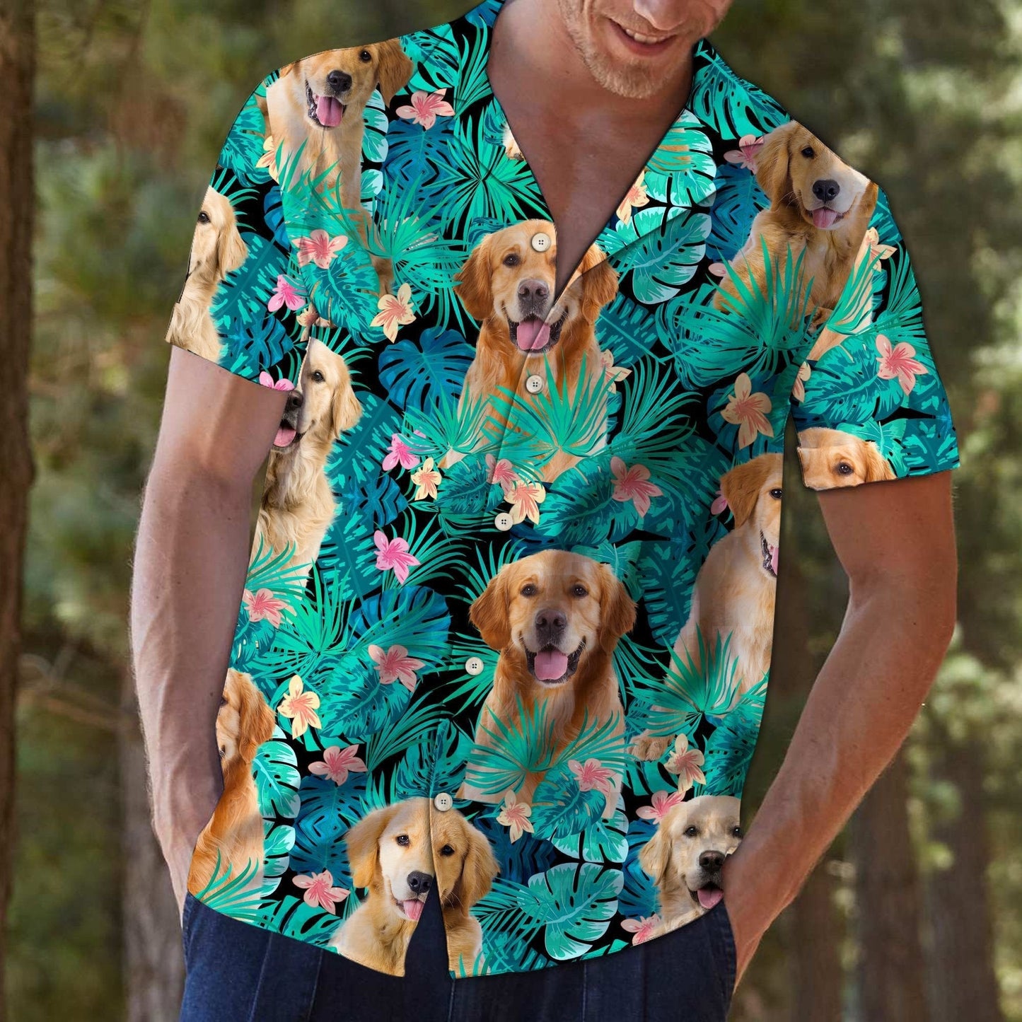 Love Golden Retriever Tropical Jungle Design Hawaiian Shirt, Hawaiian Shirt Gift, Christmas Gift