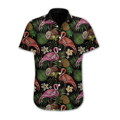 Into Tropical Forest Night Flamingo Embroidery Design Hawaiian Shirt, Christmas Gift