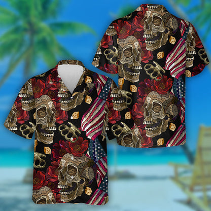 Embroidery Skulls Roses Flowers Brass Knuckles American Flag Hawaiian Shirt, Hawaiian Shirt Gift, Christmas Gift