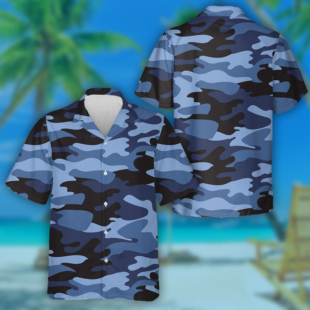 Dark Blue And Black Camouflage Military Pattern Hawaiian Shirt, Hawaiian Shirt Gift, Christmas Gift