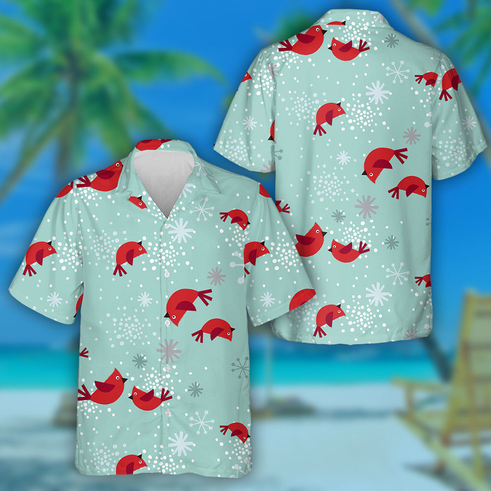 Red Cardinal Bird And Snowflake Green Background Hawaiian Shirt, Hawaiian Shirt Gift, Christmas Gift