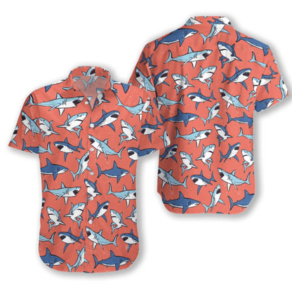 Shark On Orange Background Pattern Hawaiian Shirt,Hawaiian Shirt Gift, Christmas Gift