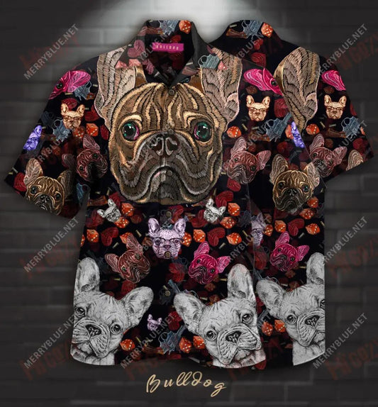 Bróidnéireacht Bulldog Léine Haváise Unisex Caitheamh aimsire Muinchille Gearr Léinte Haváís Saincheaptha Léinte Greannmhar Haváís, Bronntanas Léine Haváís, Bronntanas Nollag