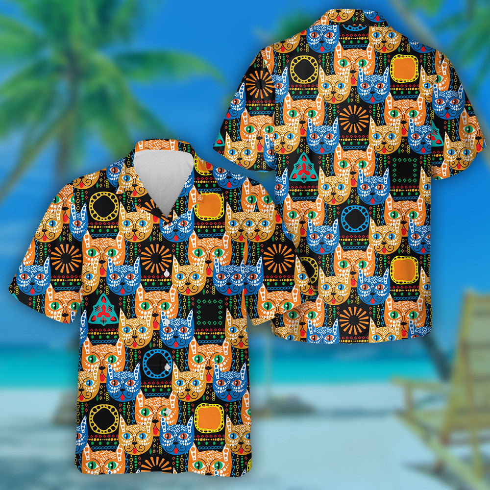 Colorful Ethnic Style Cats Geometric Ornamental Hawaiian Shirt, Hawaiian Shirt Gift, Christmas Gift