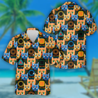 Colorful Ethnic Style Cats Geometric Ornamental Hawaiian Shirt, Hawaiian Shirt Gift, Christmas Gift