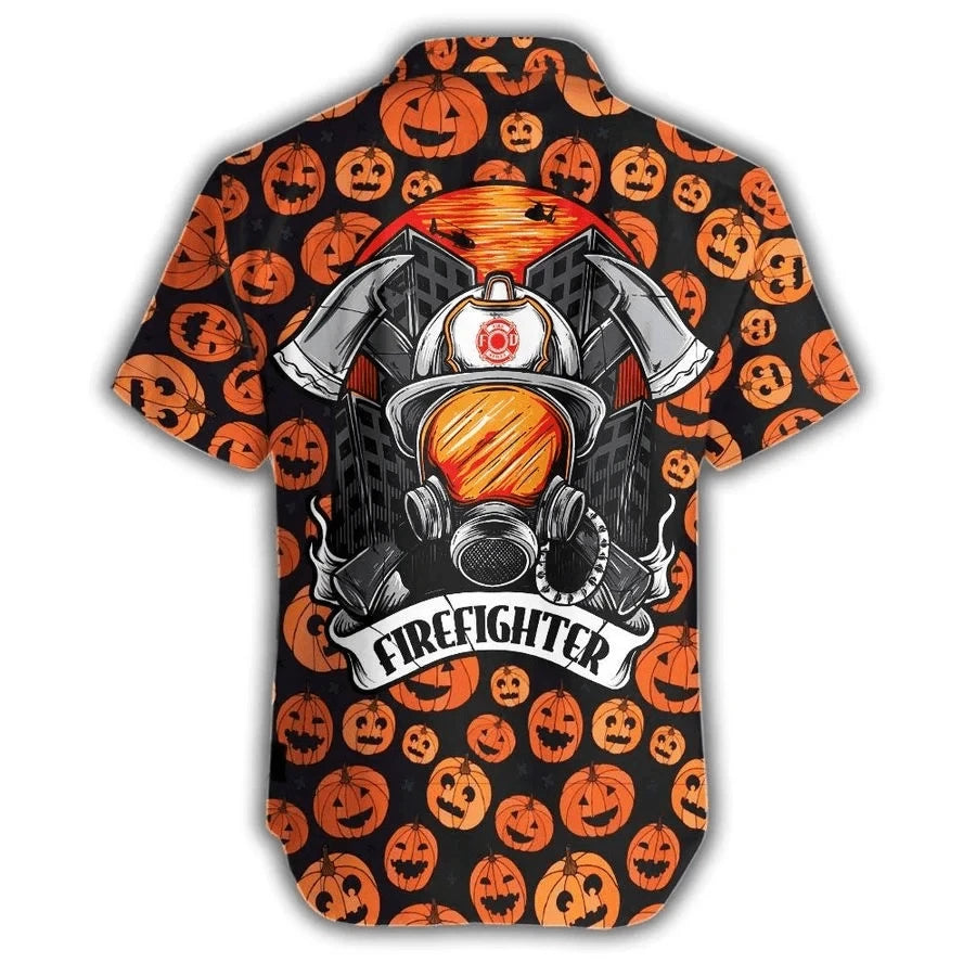 Firefighter And Pumpkin Halloween Ornamental Hawaiian Shirt,Hawaiian Shirt Gift, Christmas Gift