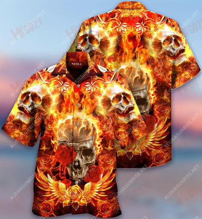 Flaming Rose Skull Short Léine Haváís Caitheamh aimsire Léinte Tropical Léinte Haváís Saincheaptha Léinte haváíais d'Fhir, Bronntanas Léine Haváís, Bronntanas Nollag