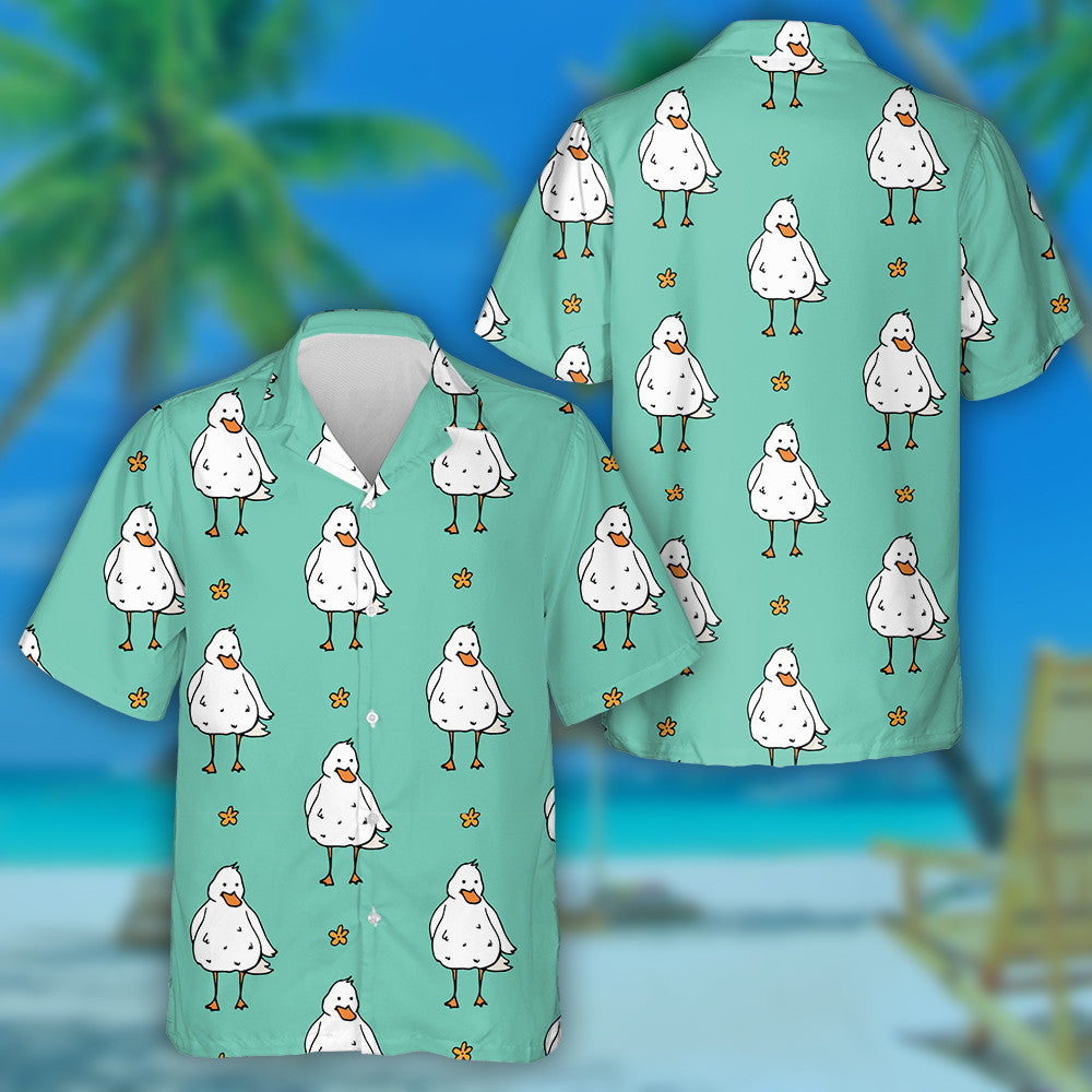 Cartoon Ducks And Small Flowers On Green Hawaiian Shirt, Hawaiian Shirt Gift, Christmas Gift