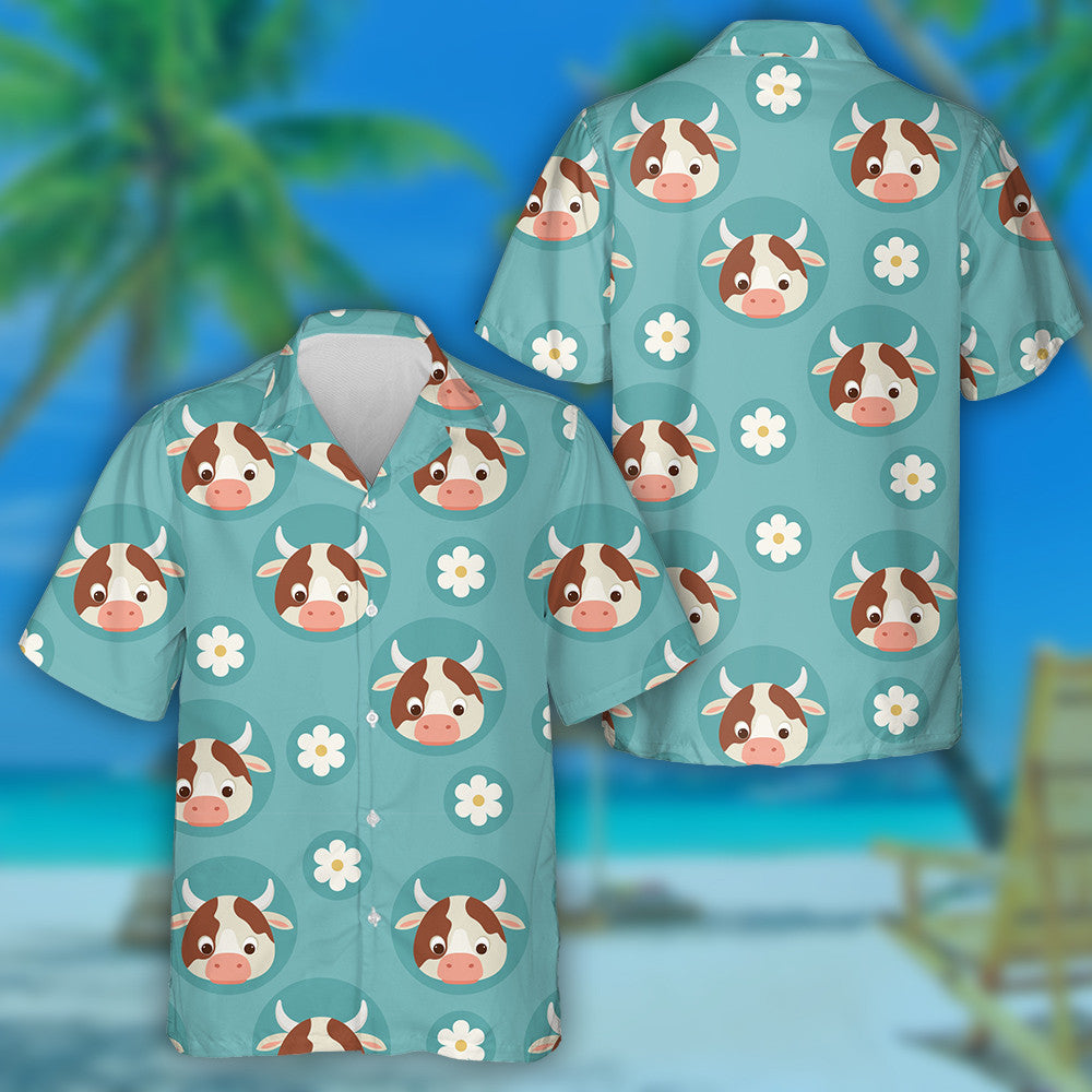 Cartoon Cows And Flowers On Blue Hawaiian Shirt, Hawaiian For Gift