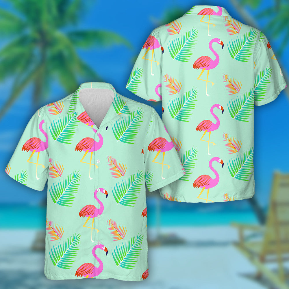 Bright Pink Flamingo Birds And Palm Leaves Hawaiian Shirt, Hawaiian Shirt Gift, Christmas Gift