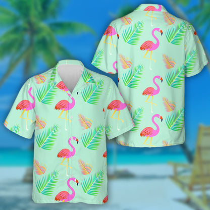 Bright Pink Flamingo Birds And Palm Leaves Hawaiian Shirt, Hawaiian Shirt Gift, Christmas Gift