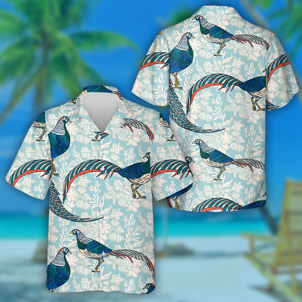 Beautiful Birds And Pheasants On Blue Background Hawaiian Shirt, Hawaiian Shirt Gift, Christmas Gift