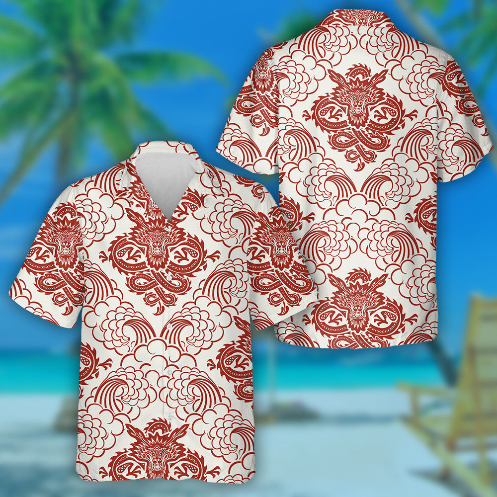 Red Dragons And Waves On White Hawaiian Shirt,Hawaiian Shirt Gift, Christmas Gift