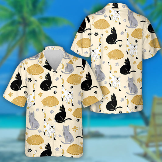 Cats And Paw Prints On Yellow Hawaiian Shirt, Hawaiian For Gift