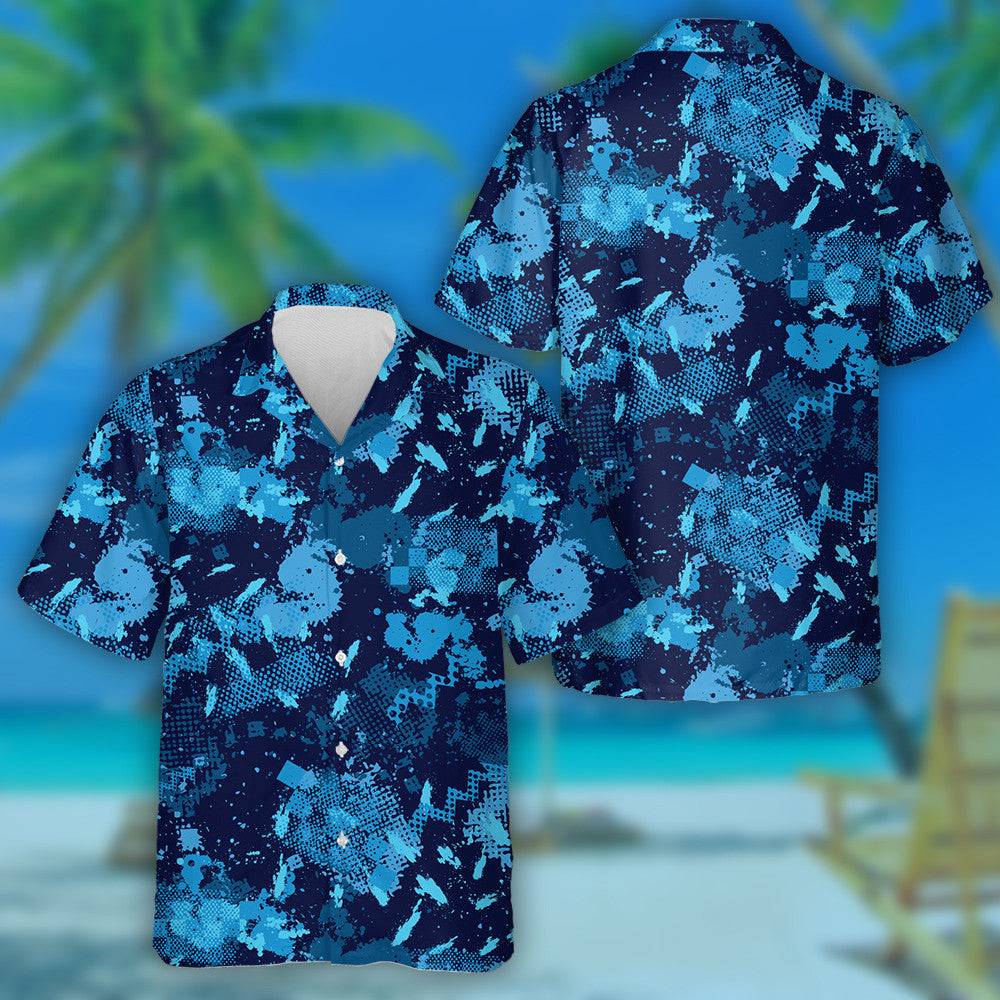 Watercolor Blue Splashes Ink Camouflage Pattern Hawaiian Shirt, Hwaiian For Gift