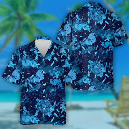 Watercolor Blue Splashes Ink Camouflage Pattern Hawaiian Shirt, Hwaiian For Gift