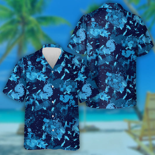 Watercolor Blue Splashes Ink Camouflage Pattern Hawaiian Shirt, Hwaiian For Gift