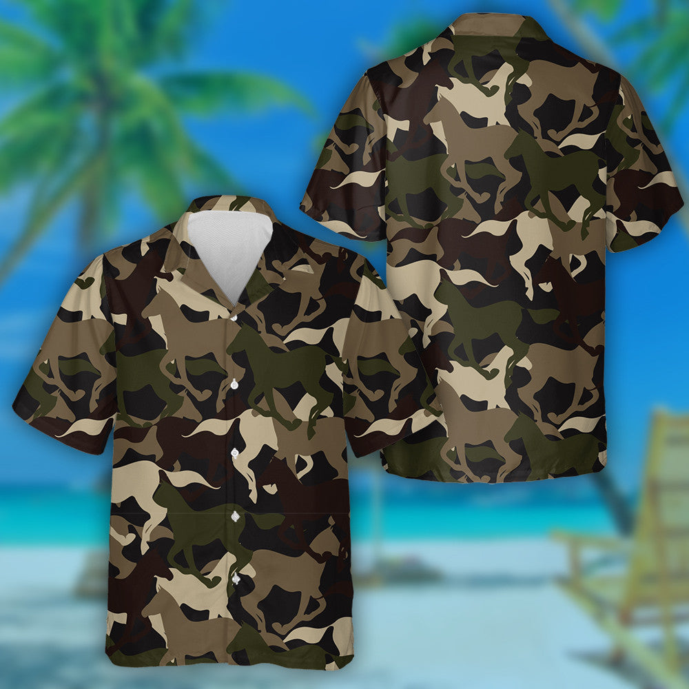 Beautiful Camouflage Horse Silhouette Military Backgound Hawaiian Shirt, Hawaiian Shirt Gift, Christmas Gift