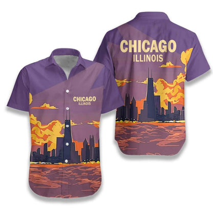 Chicago Illinois And Sunset On Water Pattern Hawaiian Shirt, Hawaiian Shirt Gift, Christmas Gift