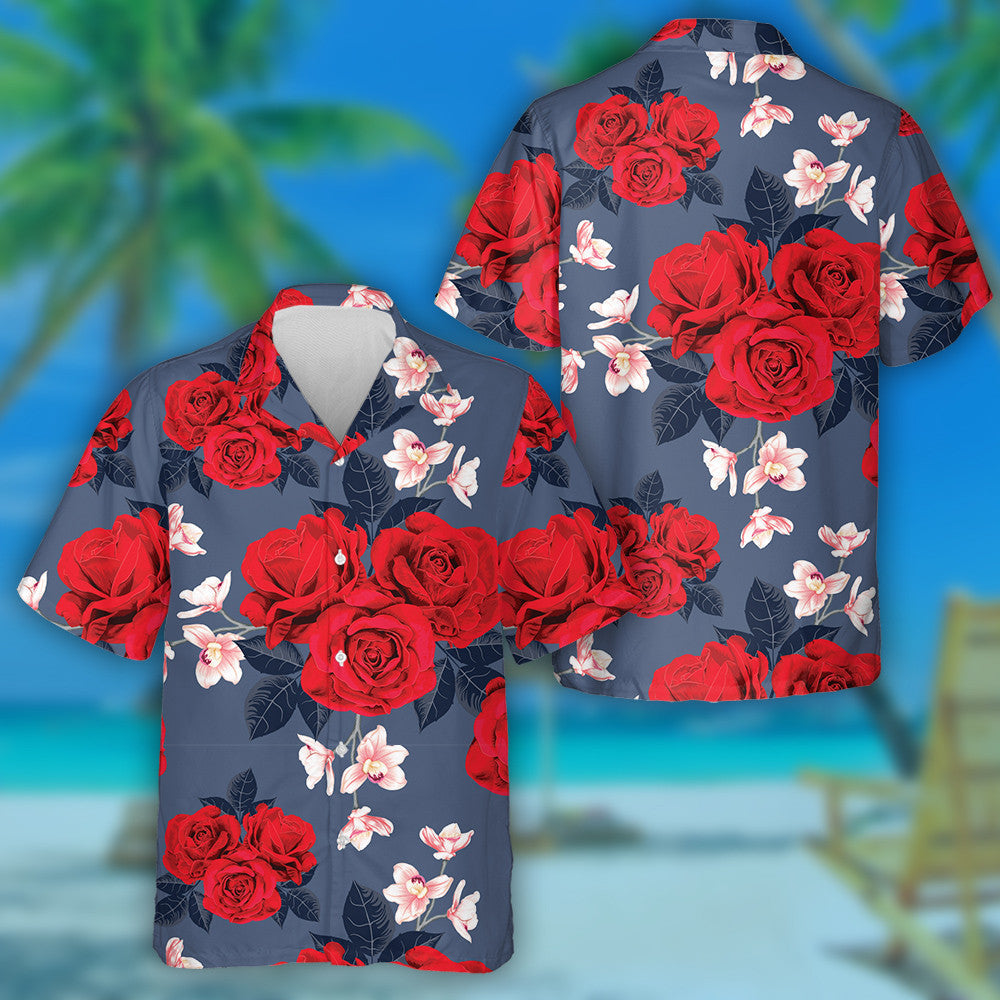 Scarlet Botanical Scarlet Red Rose Pink Flower Branch Dearadh Léine Haváís, Bronntanas Léine Haváíais, Bronntanas Nollag