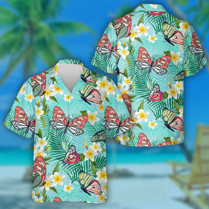 Spring Theme Tropical Plumeria And Butterfly Hawaiian Shirt,Hawaiian Shirt Gift, Christmas Gift