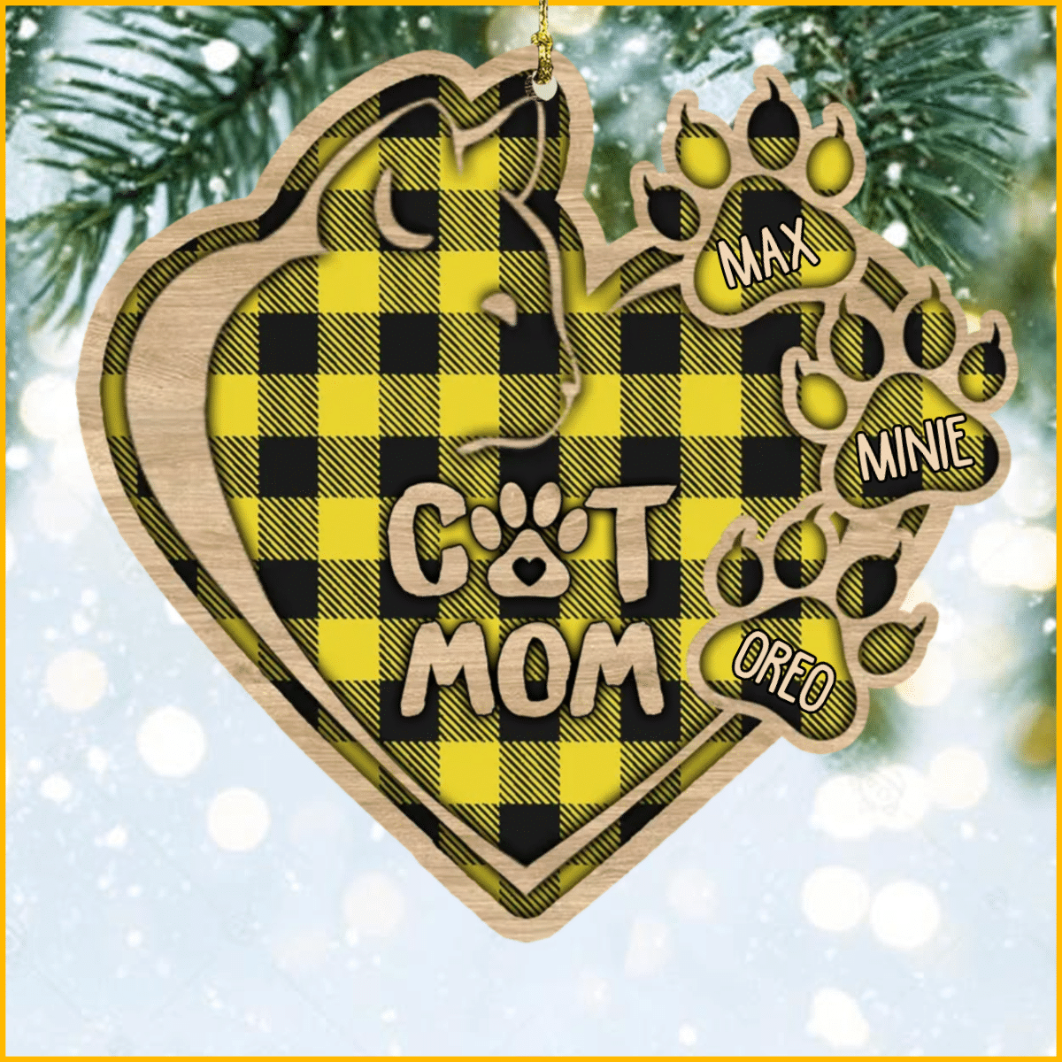 Christmas Cat Mom Heart Plaid Pattern Wood Ornament For Cat Mom Gifts,Christmas Gift,Christmas Decoration