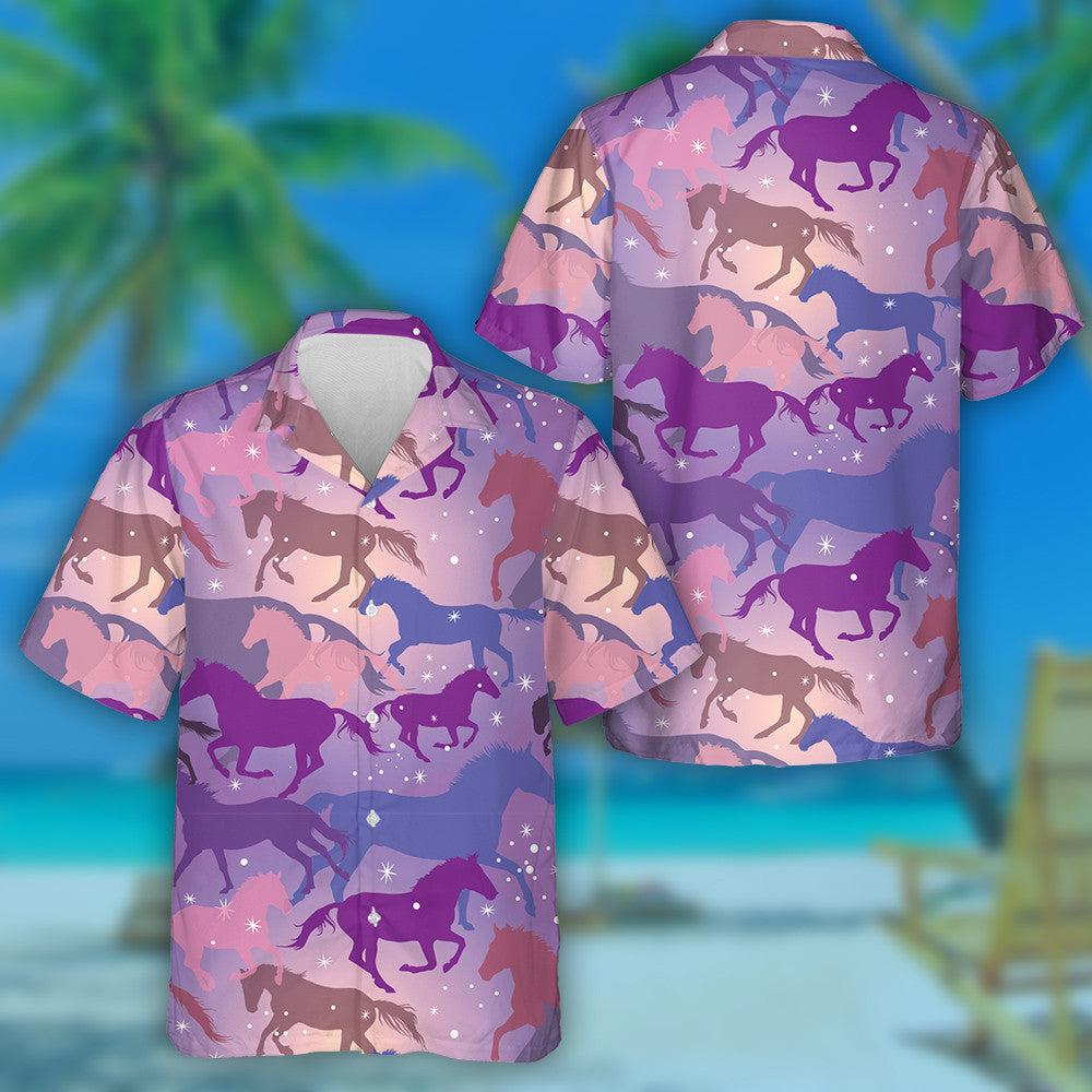 Colorful Horses And Sparks On Purple Background Hawaiian Shirt, Hawaiian Shirt Gift, Christmas Gift