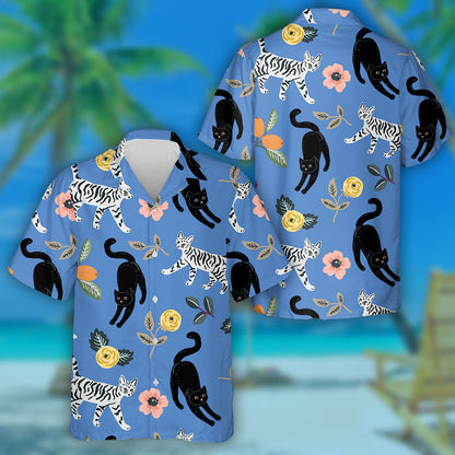Cute Cats Ad Floral On Blue Background Hawaiian Shirt, Hawaiian Shirt Gift, Christmas Gift