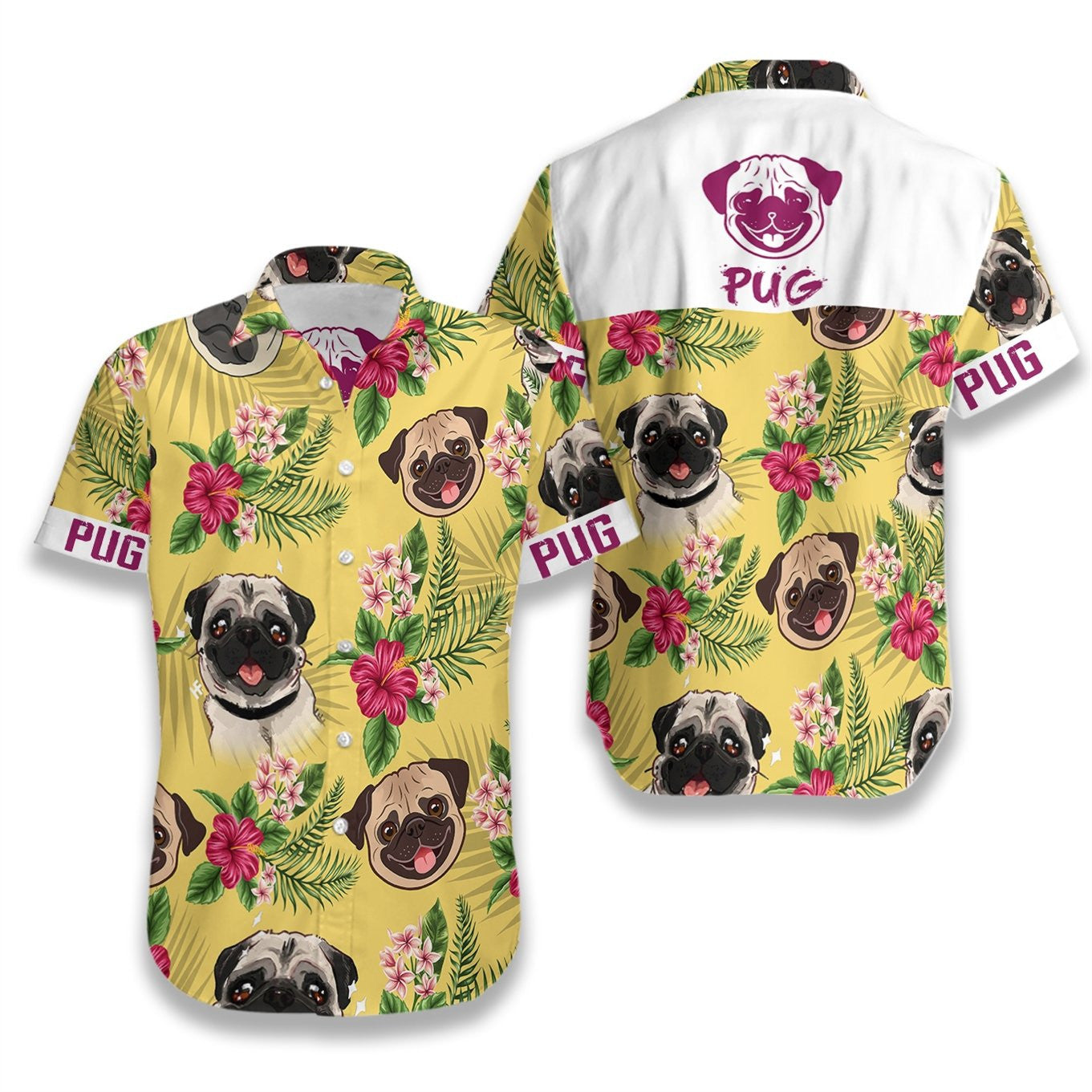 Cute Pug On Yellow Background Design Hawaiian Shirt,Hawaiian Shirt Gift, Christmas Gift