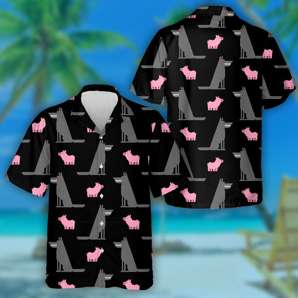 Grey Wolf And Pink Pig On Black Hawaiian Shirt, Hawaiian Shirt Gift, Christmas Gift