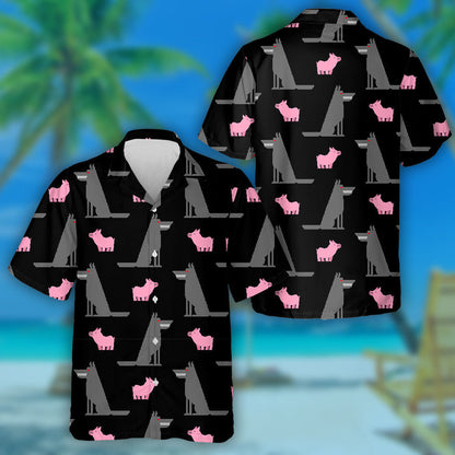 Grey Wolf And Pink Pig On Black Hawaiian Shirt, Hawaiian Shirt Gift, Christmas Gift