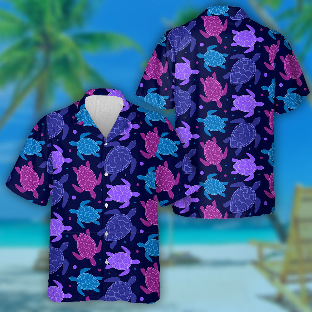 Pink Purple Blue Turtles On Dark Background Hawaiian Shirt, Hawaiian Shirt Gift, Christmas Gift