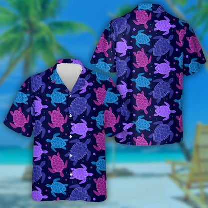Pink Purple Blue Turtles On Dark Background Hawaiian Shirt, Hawaiian Shirt Gift, Christmas Gift