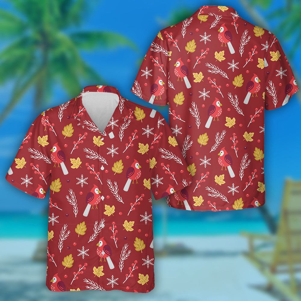 Little Red Cardinal Bird Leaves And Berries Hawaiian Shirt, Hawaiian Shirt Gift, Christmas Gift