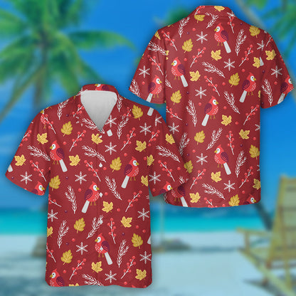 Little Red Cardinal Bird Leaves And Berries Hawaiian Shirt, Hawaiian Shirt Gift, Christmas Gift
