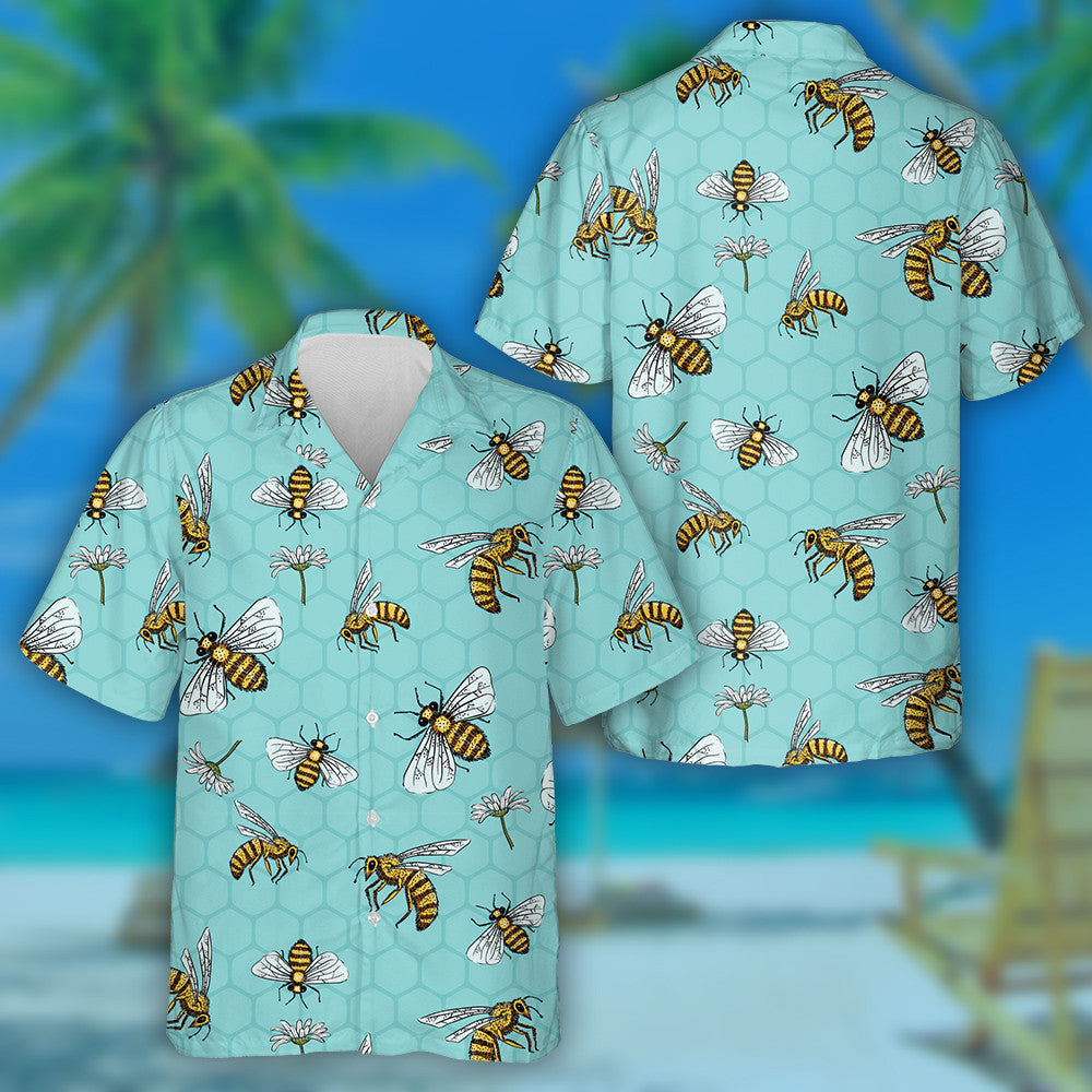 Hand Drawn Bees And Daisies Spring Summer Hawaiian Shirt, Hawaiian Shirt Gift, Christmas Gift