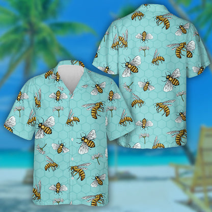 Hand Drawn Bees And Daisies Spring Summer Hawaiian Shirt, Hawaiian Shirt Gift, Christmas Gift