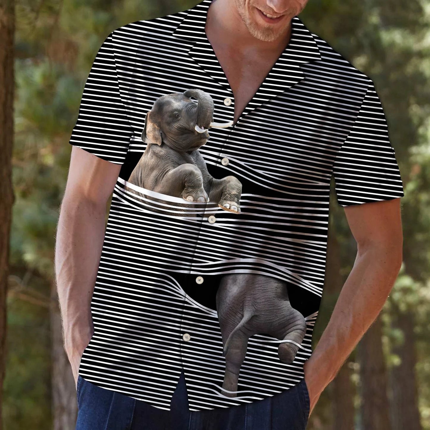 Baby Elephant With Black White Lines Hawaiian Shirt, Hawaiian For Gift