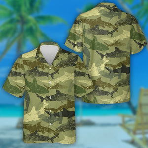 Grunge Style Green Camouflage Shark Pattern Hawaiian Shirt,Hawaiian Shirt Gift, Christmas Gift