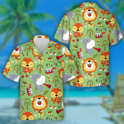 Greannmhar Lion Dobhareach Agus Sionnach Ag Seinn Uirlisí Ceoil Léine Haváís, Bronntanas Léine Haváís, Bronntanas Nollag