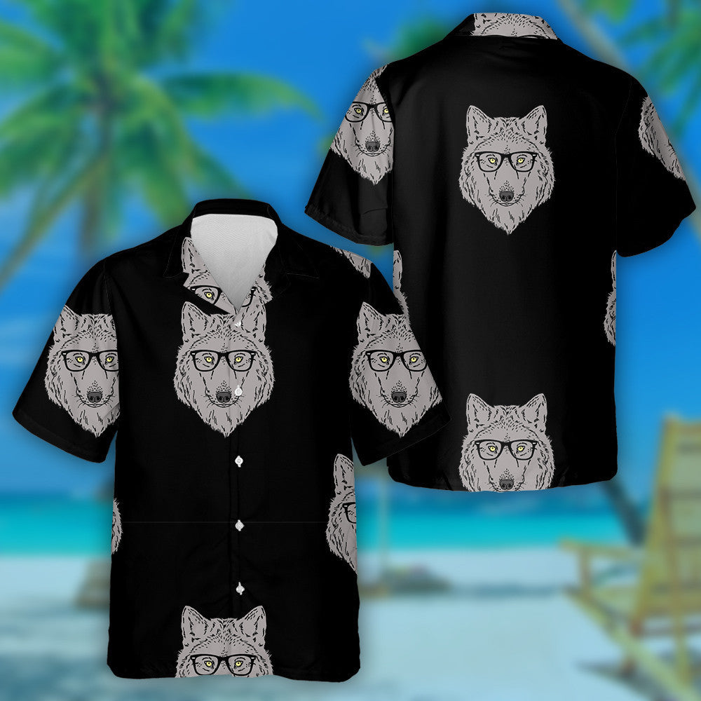 Forest Wolf Wear Glasses On Black Background Hawaiian Shirt, Hawaiian Shirt Gift, Christmas Gift