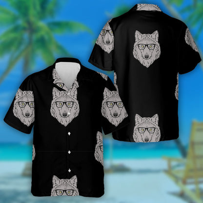 Forest Wolf Wear Glasses On Black Background Hawaiian Shirt, Hawaiian Shirt Gift, Christmas Gift