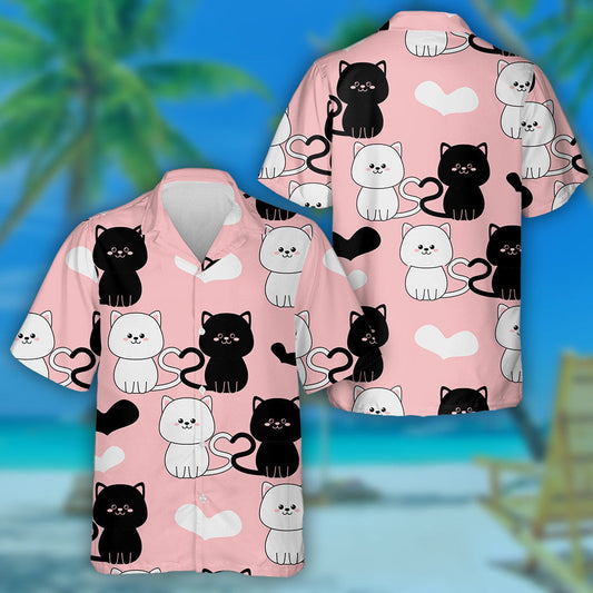 Cats And Hearts On A Pink Background Hawaiian Shirt, Hawaiian For Gift