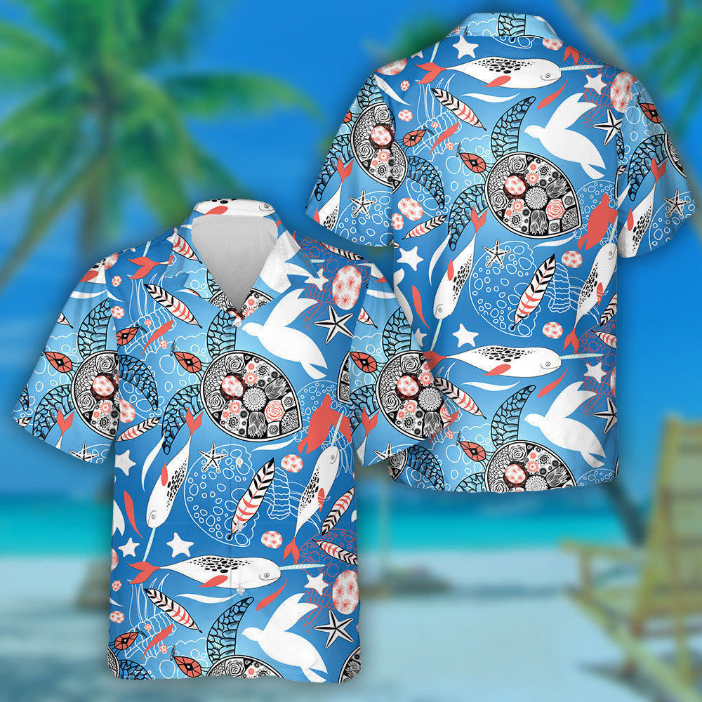 Sea Turtles And Whales On A Blue Background Hawaiian Shirt, Hawaiian Shirt Gift, Christmas Gift