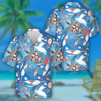 Sea Turtles And Whales On A Blue Background Hawaiian Shirt, Hawaiian Shirt Gift, Christmas Gift