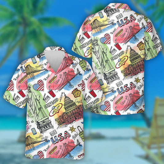 Watercolor New York Symbols Doodle Art Hawaiian Shirt, Hwaiian For Gift