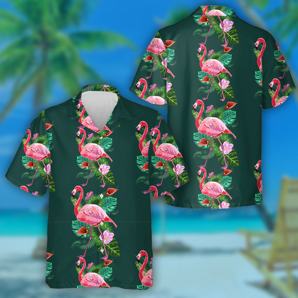 Pink Flamingo Bird And Tropical Flowers Leaves Hawaiian Shirt, Hawaiian Shirt Gift, Christmas Gift